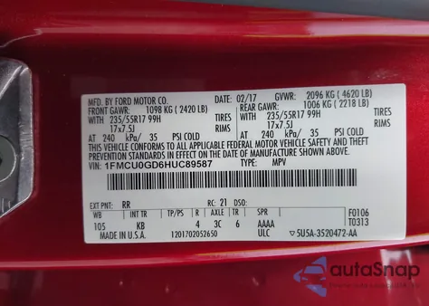 2017 Ford Escape Se z USA, uszkodzony, nr VIN 1FMCU0GD6HUC89587